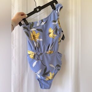 Jones New York One Shoulder Bathing Suit Size M Blue Yellow Floral Open Side
